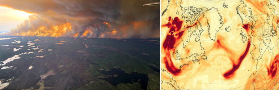By 11 June, 220 forest fires had already been counted in the Canadian “prairie states”, burning an area the size of Belgium. On 18-19 May, the Canadian smoke plume, via the jet stream, reached the Mediterranean. © Government of Manitoba (left) and Copernicus Atmosphere Monitoring Service (CAMS).
